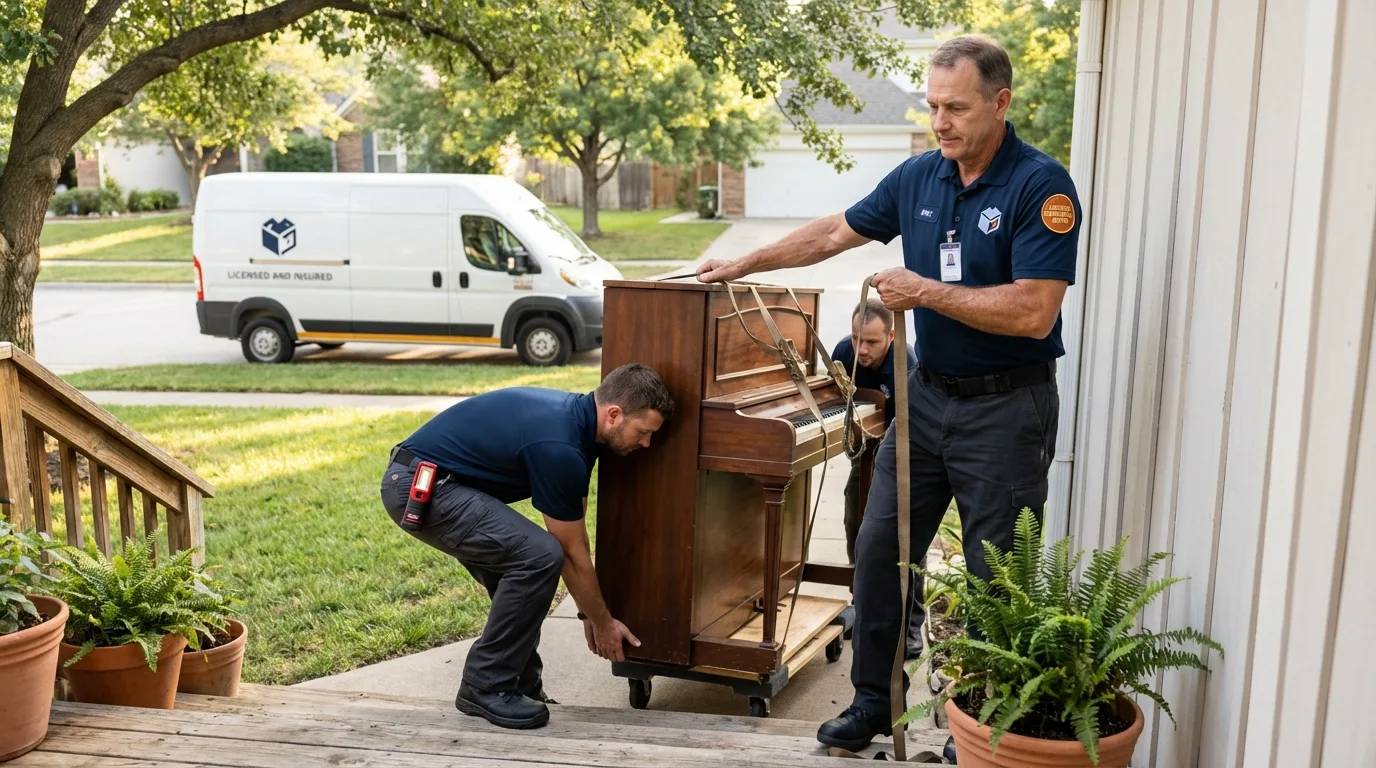 Licensed piano movers securing grand piano in Madisonville, TN