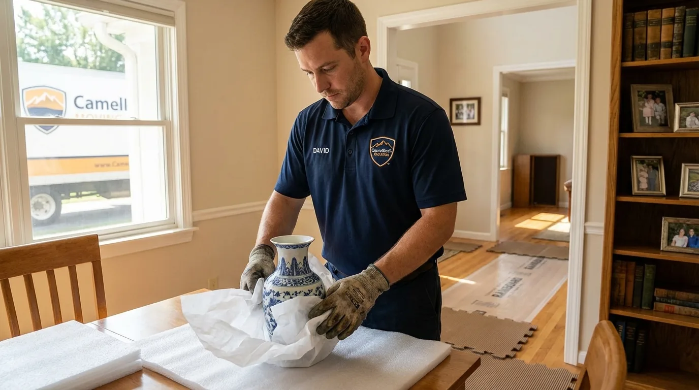 Professional crew carefully wrapping antique vase for senior downsizing move in Madisonville, TN